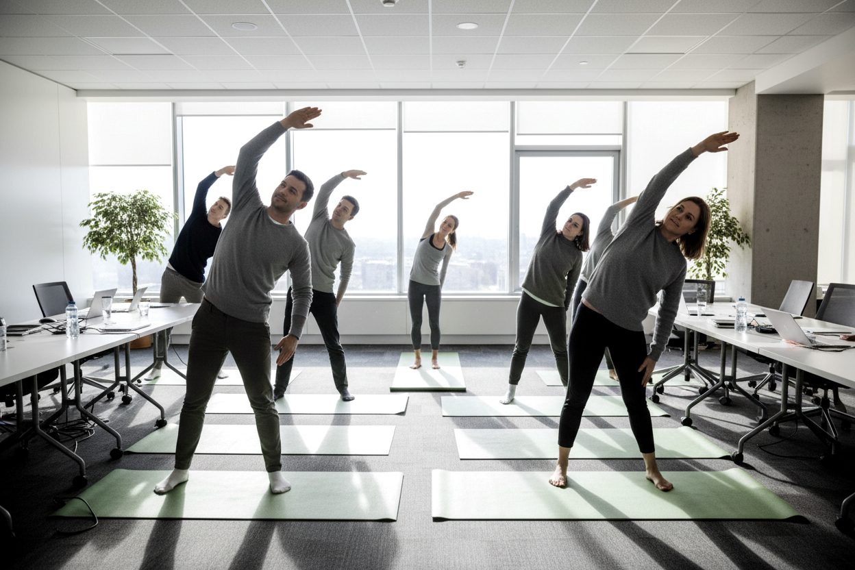 Séance de yoga dans une salle de réunion d'entreprise, étirement latéral